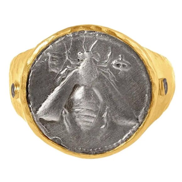 Ancient Bee Coin Ring w/ Diamonds, Hammered Gold, 24kt Gold & Silver by Kurtulan
